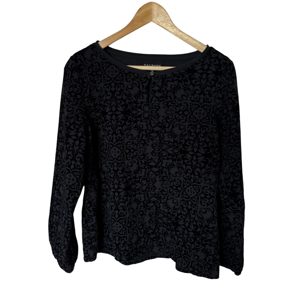 Talbots Damask Flocked Top Womens MP Black Exc Velvet Scroll Keyhole Long Sleeve